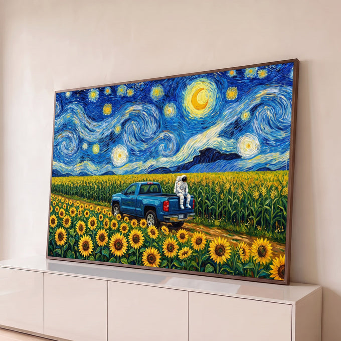 Astronauta em picape azul entre girassóis sob céu de noite estrelada estilo Van Gogh, quadro decorativo