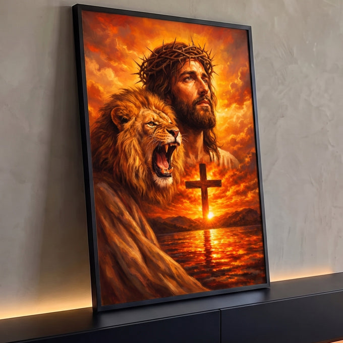 Quadro Decorativo Grande Jesus com Leão para Sala Laranja | quadros decorativos para sala | Jesus com coroa de espinhos ao lado de leão rugindo e cruz ao pôr do sol | Porao dos Quadros