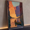 Quadro Decorativo Grande Canoa no Desfiladeiro para Sala | quadros decorativos para sala | homem em canoe remando por rio num desfiladeiro de rochas laranja ao pôr do sol | Porao dos Quadros