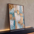 Quadro Decorativo Abstrato Azul e Dourado com Textura | quadros decorativos para sala | abstrato com faixas verticais em azul, branco e folha dourada texturizada | Porao dos Quadros