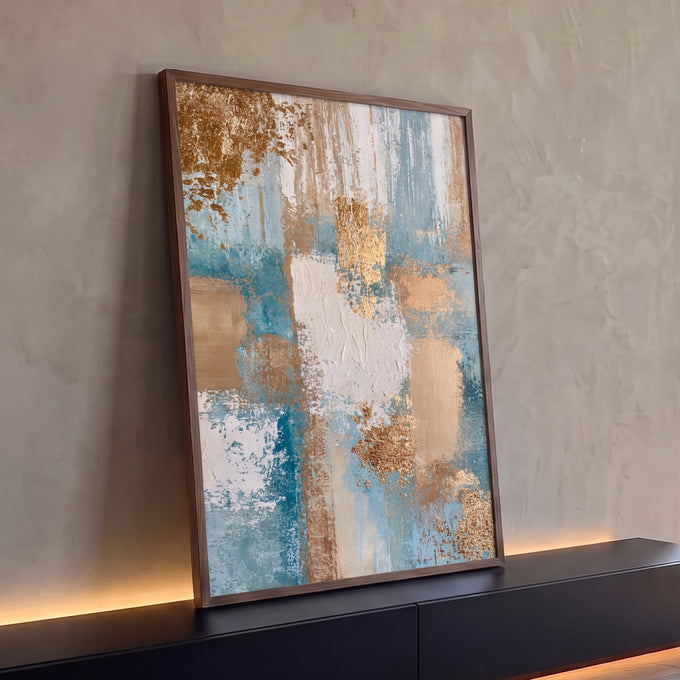 Quadro Decorativo Abstrato Azul e Dourado com Textura | quadros decorativos para sala | abstrato com faixas verticais em azul, branco e folha dourada texturizada | Porao dos Quadros