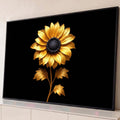 Girassol dourado com textura metálica, miolo preto e folhas douradas sobre fundo preto, quadro decorativo