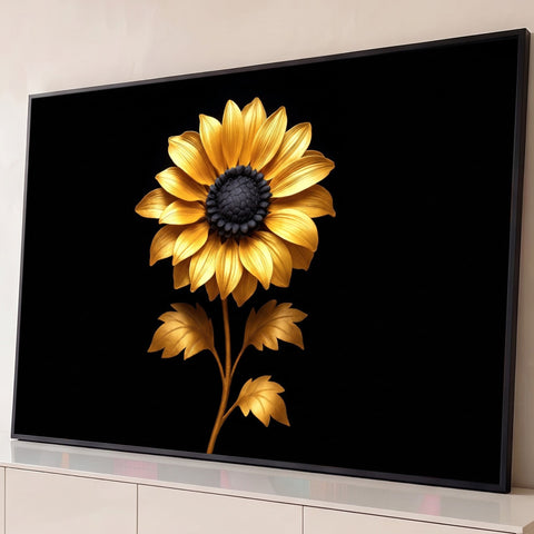 Girassol dourado com textura metálica, miolo preto e folhas douradas sobre fundo preto, quadro decorativo