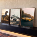 Quadro Decorativo Kit 3 Telas Cavalos e Carro para Sala | quadros decorativos para sala | cavalo branco empinado, cavaleiras pulando sobre carro clássico e esportivo amarelo | Porao dos Quadros