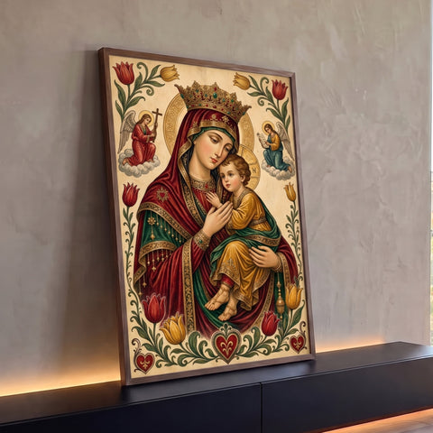 Quadro Decorativo Grande Nossa Senhora Coroada para Sala | quadros decorativos para sala | Nossa Senhora coroada com o Menino Jesus no colo, ladeada por dois anjos e moldura floral | Porao dos Quadros