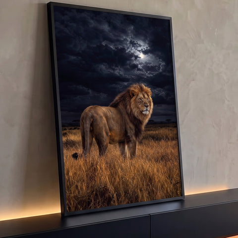 Leão de juba dourada em pé na savana sob nuvens escuras e lua cheia, quadro decorativo