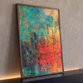 Quadro Decorativo Mandala Tibetana Dourada em Fundo | quadros decorativos para sala | mandala tibetana dourada com templos sobre fundo craquelado azul e vermelho | Porao dos Quadros