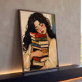 Quadro Decorativo Grande Mulher Dormindo para Sala Bege | quadros decorativos para sala | mulher de cabelo escuro descansando sobre pilha de livros coloridos em pintura expressiva | Porao dos Quadros