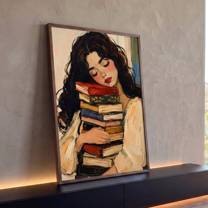 Quadro Decorativo Grande Mulher Dormindo para Sala Bege | quadros decorativos para sala | mulher de cabelo escuro descansando sobre pilha de livros coloridos em pintura expressiva | Porao dos Quadros