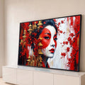 Quadro Decorativo Grande Gueixa para Sala Vermelho | quadros decorativos para sala | rosto feminino pintado de vermelho e branco com cerejeiras e pagodes dourados | Porao dos Quadros