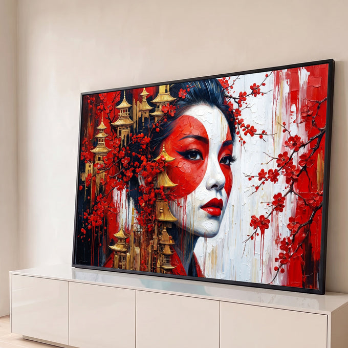 Quadro Decorativo Grande Gueixa para Sala Vermelho | quadros decorativos para sala | rosto feminino pintado de vermelho e branco com cerejeiras e pagodes dourados | Porao dos Quadros