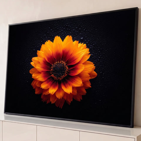 Flor gazânia laranja em close sobre fundo preto com gotas de água, quadro decorativo