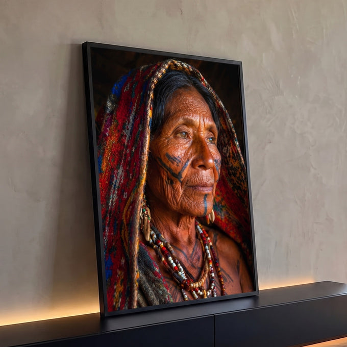 Quadro Decorativo Grande Retrato de Mulher para Sala | quadros decorativos para sala | retrato de mulher idosa indígena com tatuagens faciais e véu colorido | Porao dos Quadros