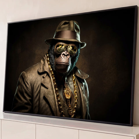 Gorila de chapéu fedora, óculos dourados e corrente de ouro com bitcoin em fundo escuro, quadro decorativo