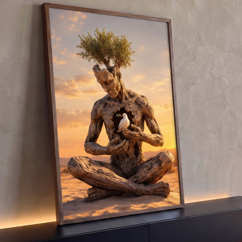 Figura de madeira meditando com oliveira na cabeça e pomba branca no peito ao pôr do sol, quadro decorativo