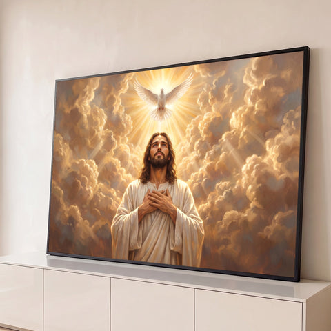 Jesus com as mãos no peito olhando a pomba do Espírito Santo entre nuvens douradas, quadro decorativo