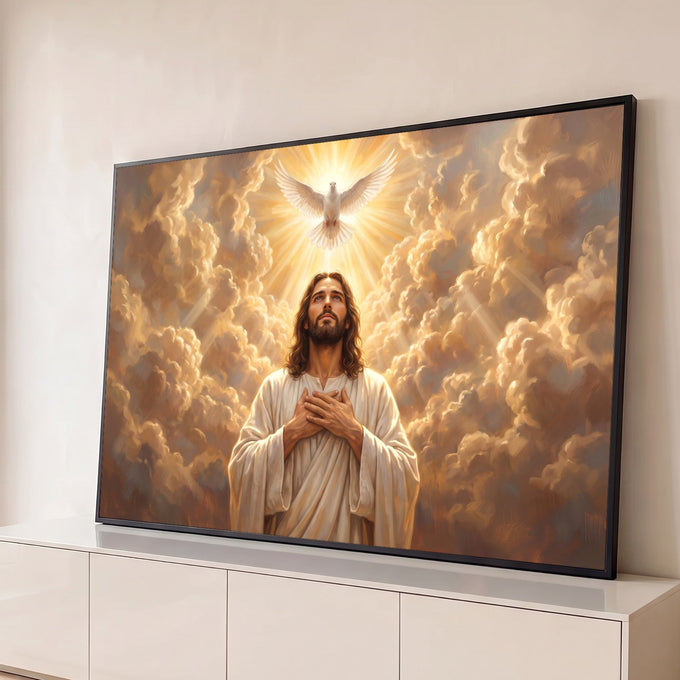 Jesus com as mãos no peito olhando a pomba do Espírito Santo entre nuvens douradas, quadro decorativo