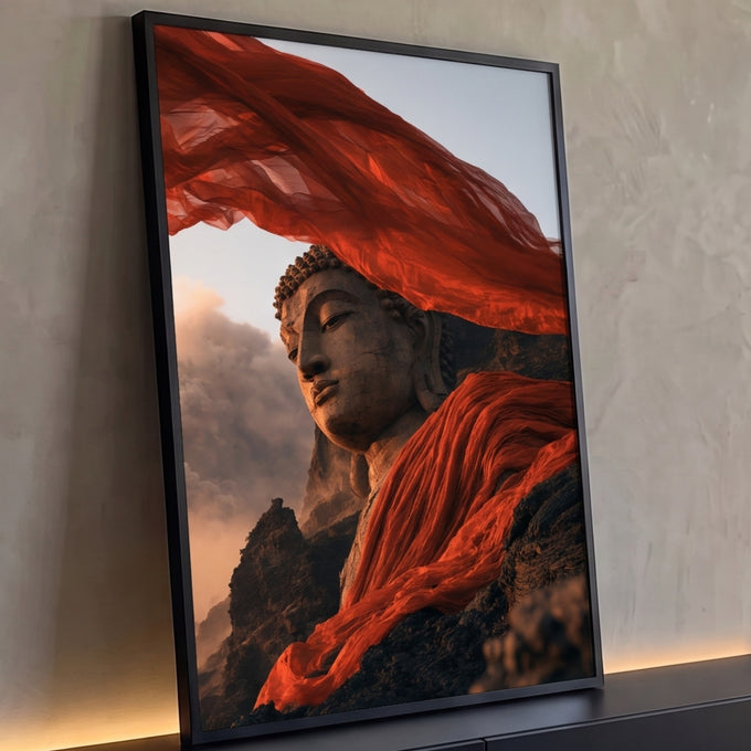 Quadro Decorativo Buda de Pedra com Véu Vermelho ao Vento | quadros decorativos para sala | estátua de Buda em pedra com véu vermelho voando ao vento sobre montanhas | Porao dos Quadros