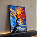 Quadro Decorativo Grande Árvore Seca Silhueta para Sala Azul | quadros decorativos para sala | árvore seca em silhueta contra céu dividido entre azul e pôr do sol laranja | Porao dos Quadros
