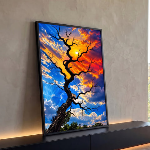 Quadro Decorativo Grande Árvore Seca Silhueta para Sala Azul | quadros decorativos para sala | árvore seca em silhueta contra céu dividido entre azul e pôr do sol laranja | Porao dos Quadros