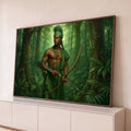 Quadro Decorativo Grande Arqueiro Guerreiro para Sala Verde | quadros decorativos para sala | guerreiro arqueiro em trajes verdes segurando arco e flecha numa floresta densa | Porao dos Quadros