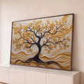 Quadro Decorativo Grande Árvore da Folhas Douradas para Sala | quadros decorativos para sala | árvore da vida com folhas douradas em relevo sobre fundo bege texturizado | Porao dos Quadros