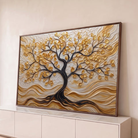 Árvore da vida com tronco escuro, folhas douradas e fundo bege ondulado em relevo, quadro decorativo