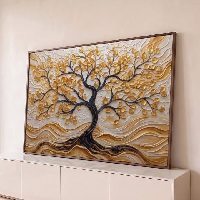 Quadro Decorativo Grande Árvore da Folhas Douradas para Sala | quadros decorativos para sala | árvore da vida com folhas douradas em relevo sobre fundo bege texturizado | Porao dos Quadros
