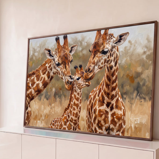 Quadro Decorativo Grande Família de Girafas Savana para Sala | quadros decorativos para sala | três girafas, duas adultas e um filhote, se tocando com os focinhos em pintura a óleo | Porao dos Quadros
