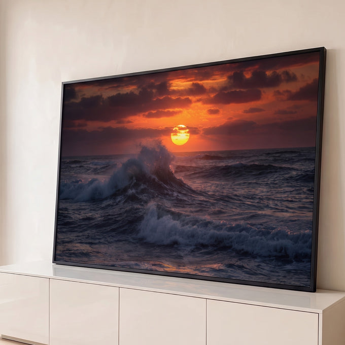 Quadro Decorativo Grande Pôr do Sol Mar para Sala | quadros decorativos para sala | onda quebrando em espuma branca contra pôr do sol alaranjado no oceano | Porao dos Quadros