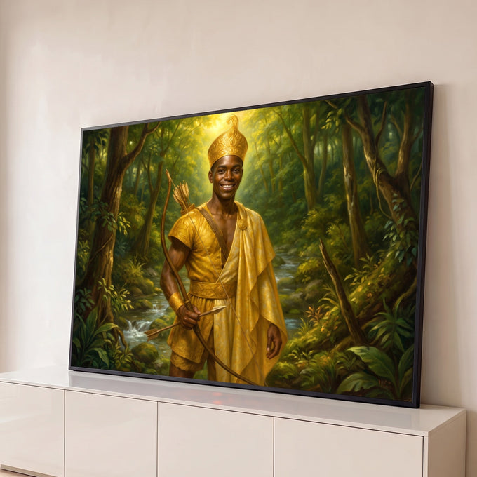 Quadro Decorativo Grande Guerreiro com Arco para Sala | quadros decorativos para sala | homem com coroa e manto dourados segurando arco e flecha em floresta verde | Porao dos Quadros