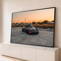 Quadro Decorativo Grande Porsche 911 Preto para Sala Cinza - Borda Infinita / 65x100cm