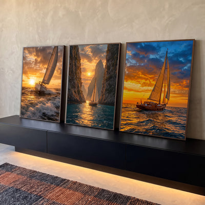 Quadro Decorativo Kit 3 Telas Veleiros para Sala Laranja