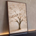 Quadro Decorativo Árvore Florida Branca com Luzes Douradas | quadros decorativos para sala | árvore florida branca com pinceladas texturizadas e pontos de luz dourada | Porao dos Quadros