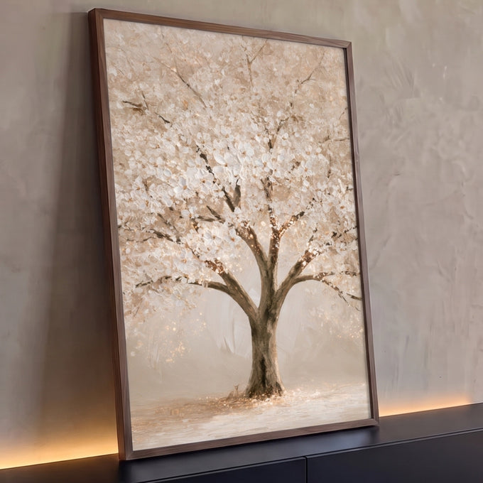 Quadro Decorativo Árvore Florida Branca com Luzes Douradas | quadros decorativos para sala | árvore florida branca com pinceladas texturizadas e pontos de luz dourada | Porao dos Quadros