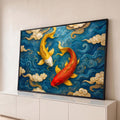 Quadro Decorativo Grande Peixes Koi Dourado para Sala Azul | quadros decorativos para sala | dois peixes koi dourado e vermelho nadando em ondas azuis com nuvens douradas | Porao dos Quadros