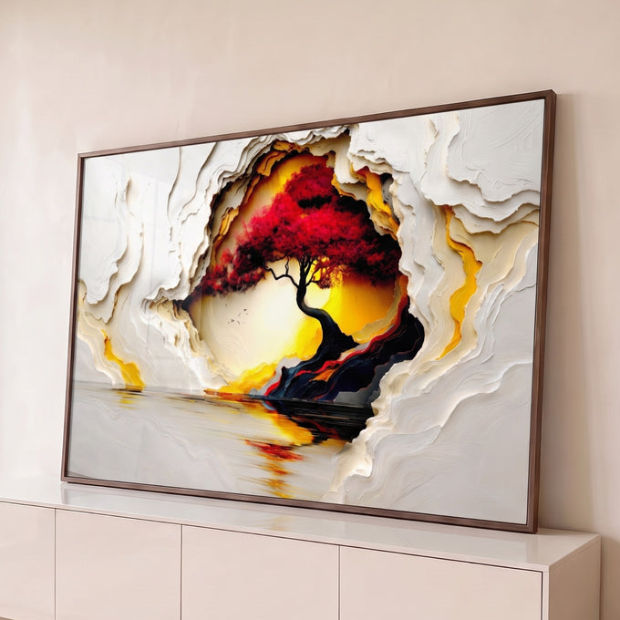 Quadro Decorativo Grande Árvore Vermelha para Sala Branco | quadros decorativos para sala | árvore de folhas vermelhas sobre céu dourado emoldurada por textura branca em relevo | Porao dos Quadros