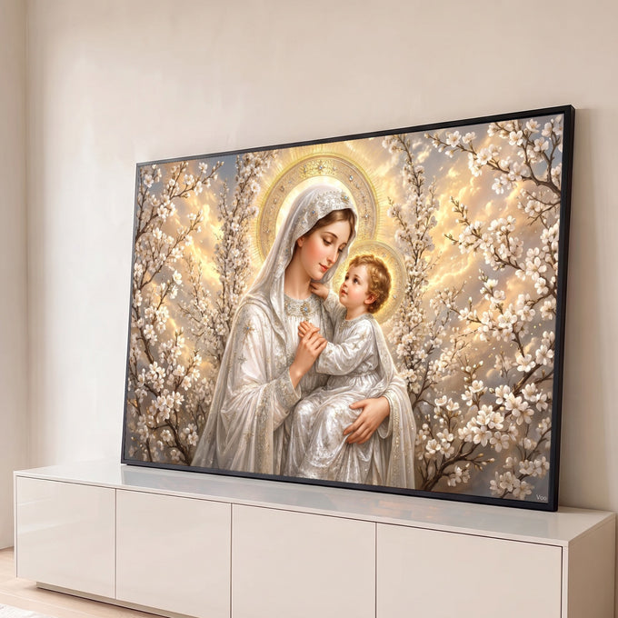 Nossa Senhora de manto branco abraçando o Menino Jesus entre flores brancas e auréolas douradas, quadro decorativo