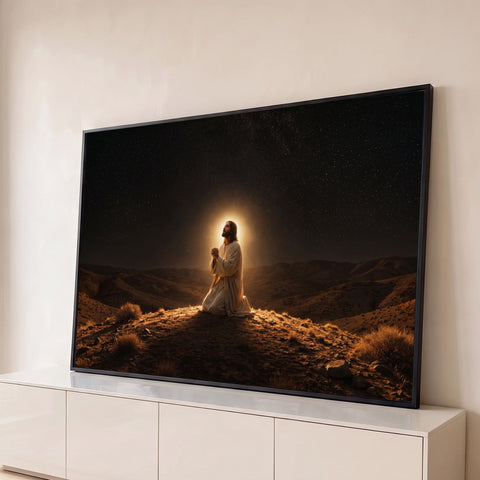 Jesus ajoelhado orando no deserto sob céu estrelado com halo de luz dourada, quadro decorativo