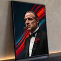 Homem de smoking com charuto e rosa vermelha em P&B sobre luzes vermelhas e azuis, quadro decorativo