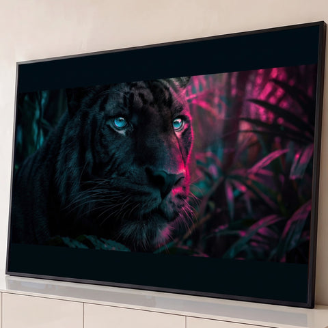 Tigre negro de olhos azuis entre folhagens tropicais com luz neon rosa, quadro decorativo