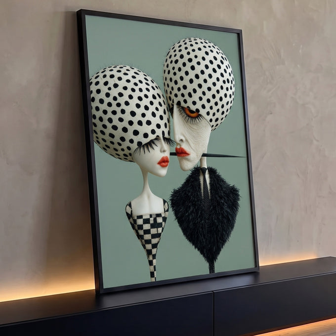 Casal surreal com cabeças de bolinhas pretas, lábios vermelhos e fundo verde sálvia, quadro decorativo