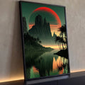 Sol vermelho listrado atrás de montanhas, palmeiras e reflexo em lago verde, quadro decorativo