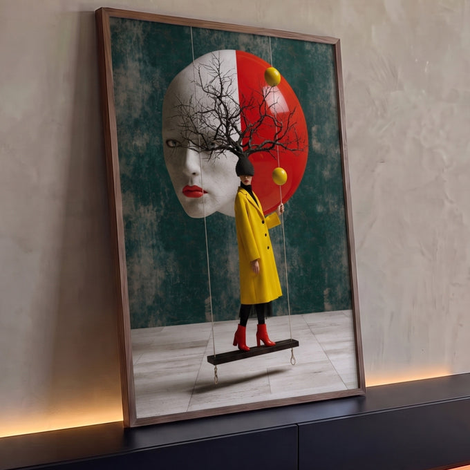Mulher de casaco amarelo em balanço diante de rosto gigante com galhos secos, quadro decorativo