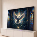 Quadro Decorativo Grande Pomba Branca para Sala Azul | quadros decorativos para sala | pomba branca de asas abertas voando entre cristais e vitrais coloridos de catedral | Porao dos Quadros