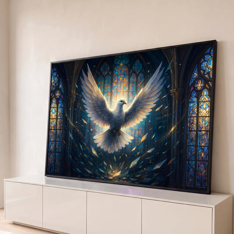 Pomba branca de asas abertas entre vitrais coloridos de catedral gótica e cristais, quadro decorativo