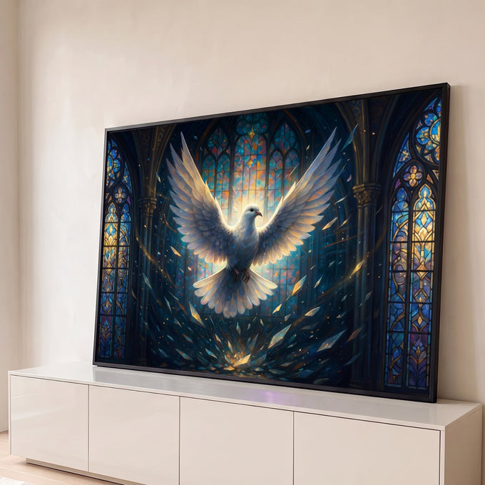 Quadro Decorativo Grande Pomba Branca para Sala Azul | quadros decorativos para sala | pomba branca de asas abertas voando entre cristais e vitrais coloridos de catedral | Porao dos Quadros