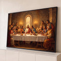 Quadro Decorativo Grande Santa Ceia de Jesus para Sala | quadros decorativos para sala | pintura da Santa Ceia com Jesus e apóstolos reunidos à mesa em tons dourados | Porao dos Quadros