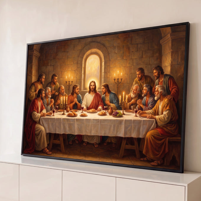 Quadro Decorativo Grande Santa Ceia de Jesus para Sala | quadros decorativos para sala | pintura da Santa Ceia com Jesus e apóstolos reunidos à mesa em tons dourados | Porao dos Quadros
