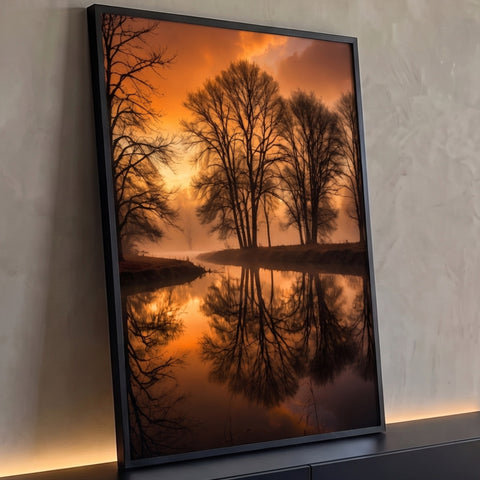 Árvores em silhueta refletidas no rio com névoa sob céu laranja ao pôr do sol, quadro decorativo